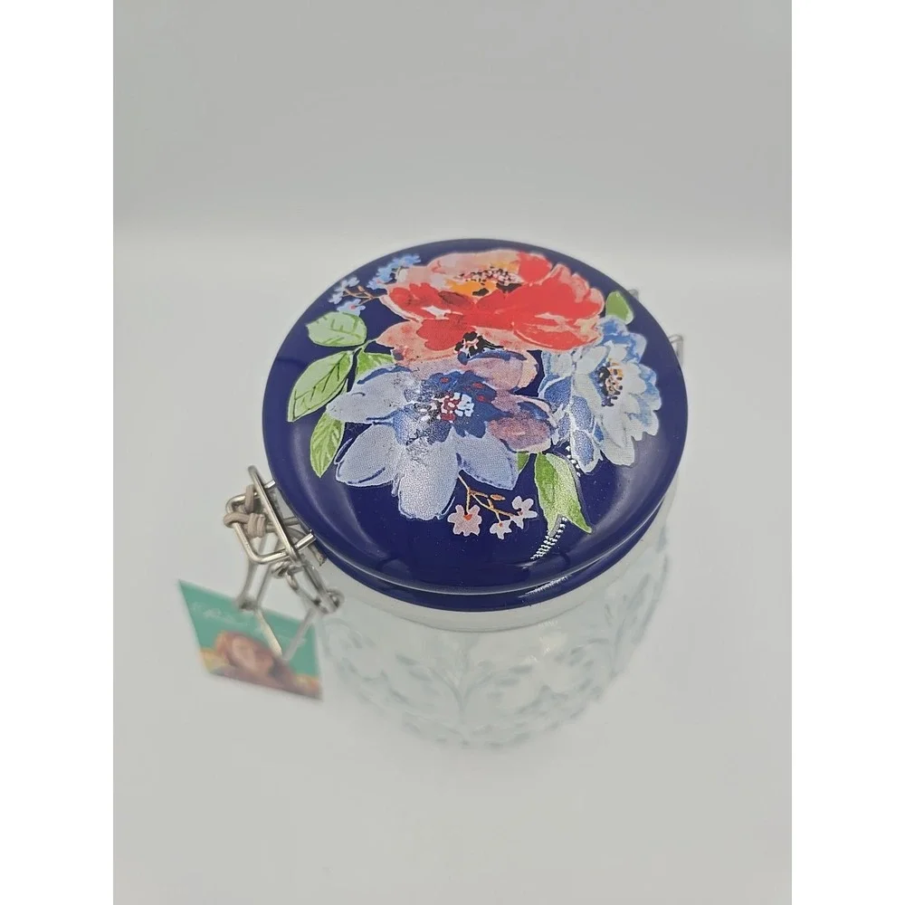 Pioneer‎ Woman Embossed Glass Jar Clamped Floral Blue Lid 63oz Storage Container